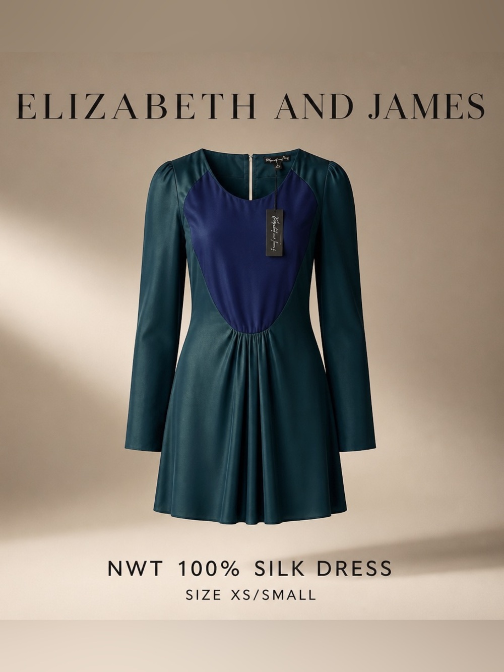 NWT Elizabeth and James SUVI 100% SILK green blue long sleeve dress SZ XS / Sm